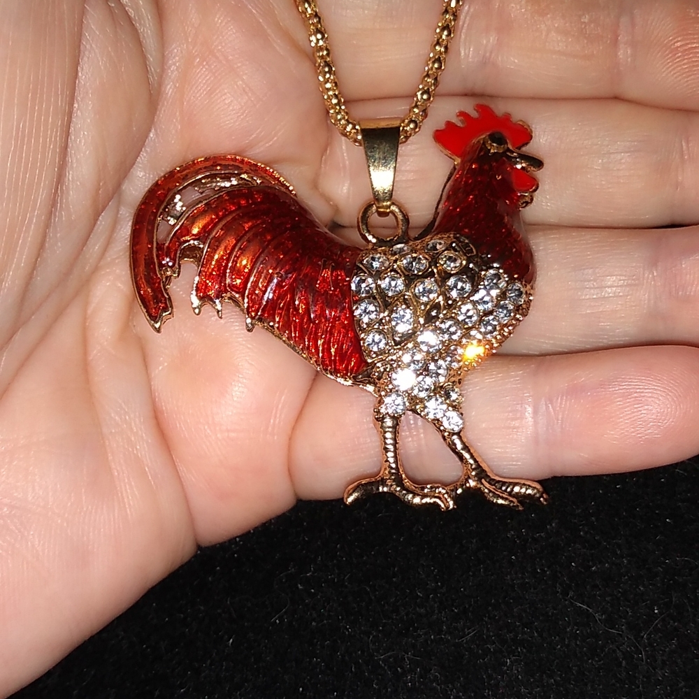 White Crystal and Red Enamel Rooster Pendant Necklace - Picture 5 of 7
